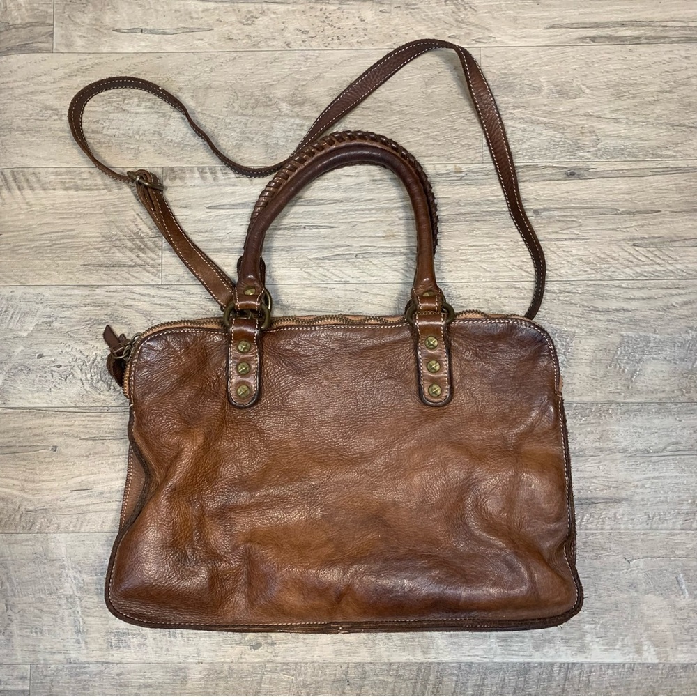 Coztanza Rota Italy Brown Leather Crossbody Studded Satchel Bag Compartments - Picture 2 of 13